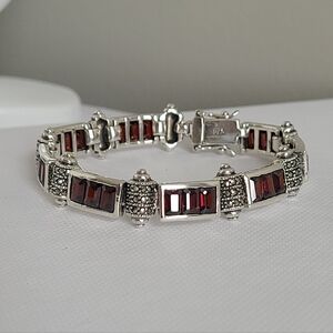 Vintage Luxury Sterling Silver Red Garnet Marcasite Crystal Boho Tennis Bracelet